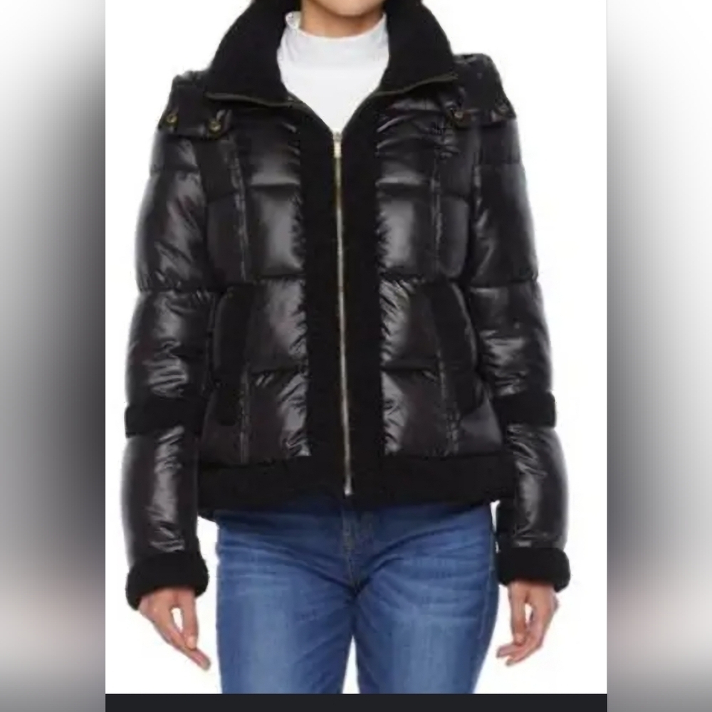 A.n.a Black Glossy Puffer Sherpa Detail Hooded Chic Cold Winter Weather Jacket